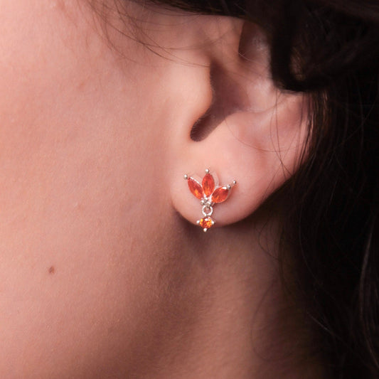Brinco Flor com Pétalas Laranja em Prata 925 Cravejado de Zircônias